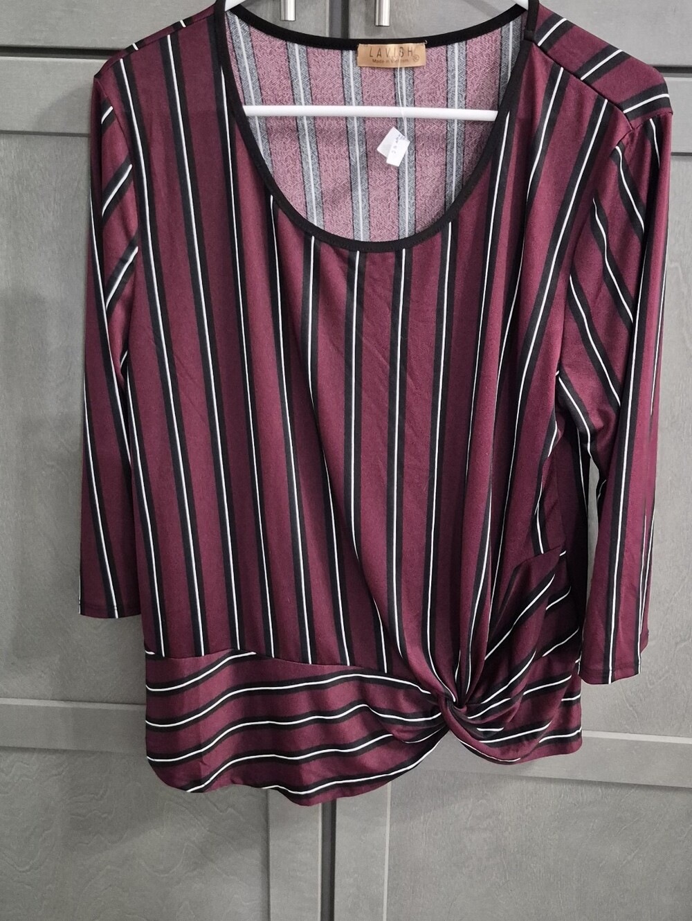 Lavish Burgundy Striped Knot-Front Long Sleeve Top